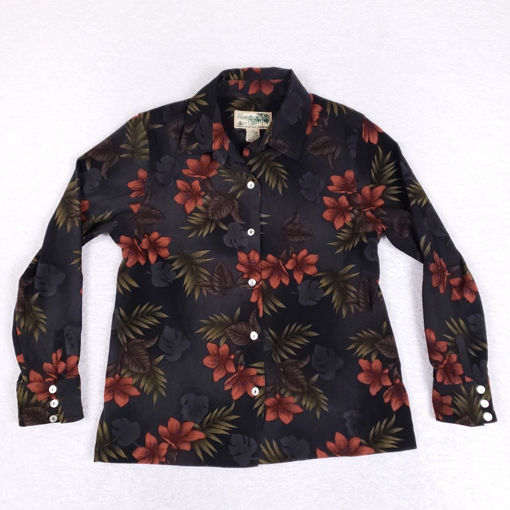 Havana‎ Jacks Cafe Blouse Womens PM Tropical Hawaiian Long Sleeve Black